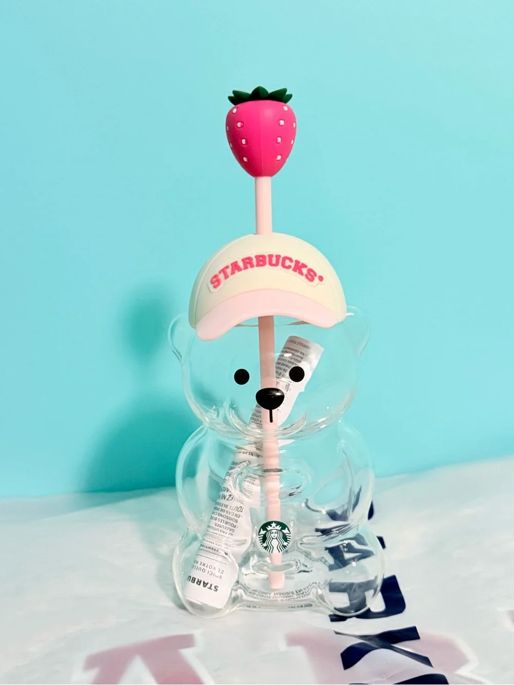 Starbucks Pink Bearista Bottle with Pink Strawberry Straw and Pale Pink Cap